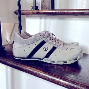 Grey sneakers. Dress up or down. Unique/ vintage look.